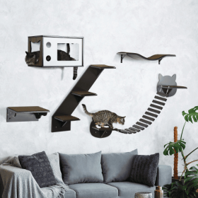 PawHut Cat Shelves With Ergonomically Curved Platform, Cozy Cat House, Bridge, Easy Stairs, And Flat Perch, Wall-Mounted Cat Tree Climbing Playgr (Color: brown)
